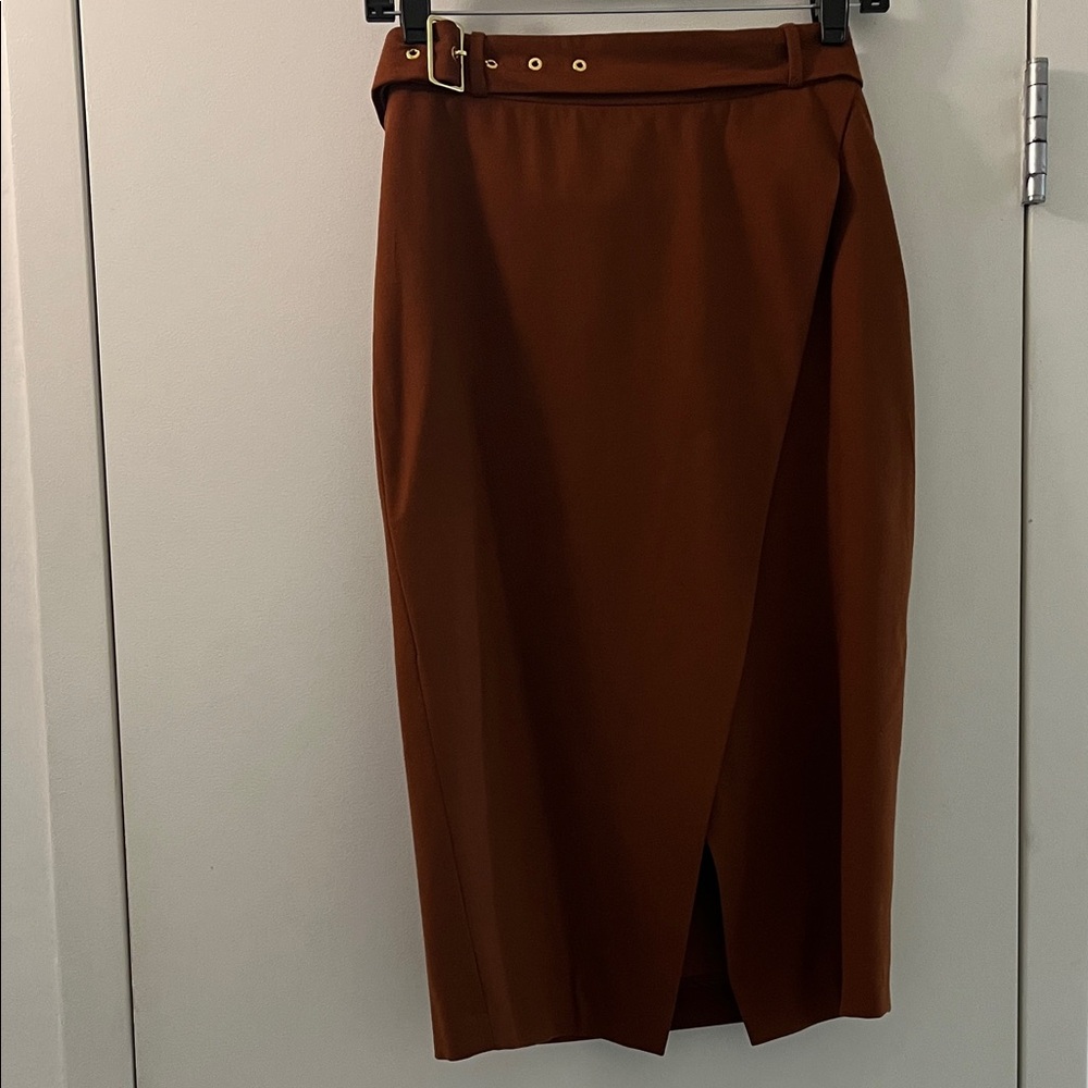 Chic Midi Wrap Skirt with Belt in brown. Size 36EU/S.